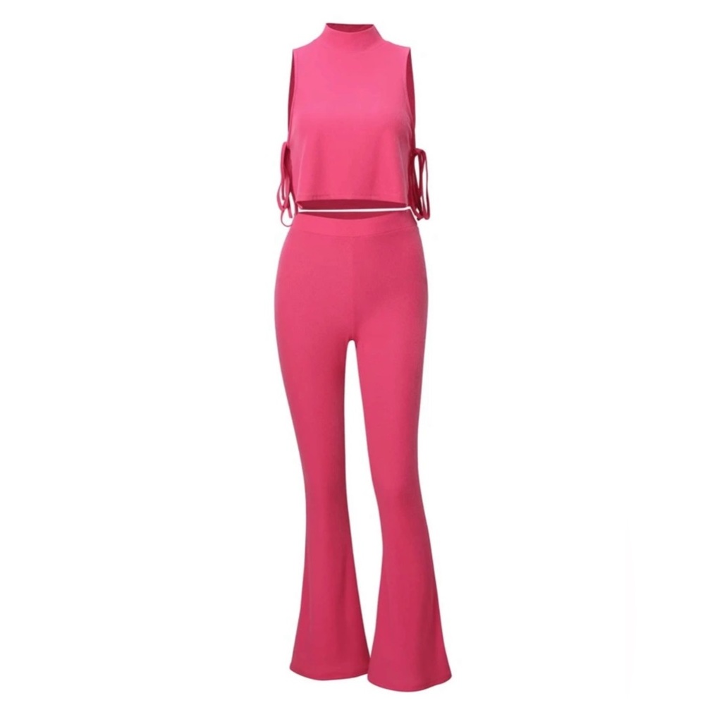 Pink side tie cropped tank top and flare leg pants set